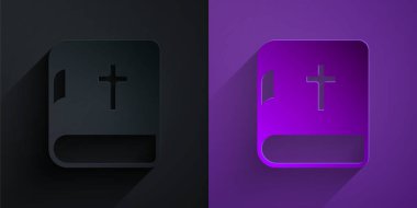 Kağıt kesiği. Kutsal İncil ikonu. Mor arka planda siyah üzerine izole edilmiş. Kağıt sanatı tarzı. Vektör.