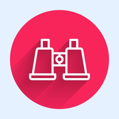 Uzun gölgeli beyaz çizgi dürbün simgesi. Yazılım işareti bul. Casus ekipman sembolü. Kırmızı daire düğmesi. Vektör.