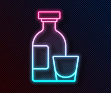Parlak neon hattı Alkol, rom şişesi ve siyah arka planda izole edilmiş cam ikon. Vektör.
