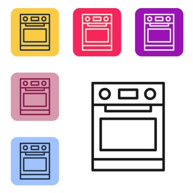 Beyaz arkaplanda siyah çizgi fırın simgesi izole edildi. Fırın tabelası. Renkli kare düğmelerle simgeleri ayarla. Vektör.