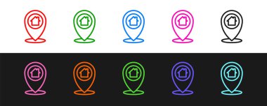 Siyah ve beyaz arkaplanda izole edilmiş ev simgesi olan çizgi haritası işaretçisini ayarla. Ev konumu belirleyici sembol. Vektör.