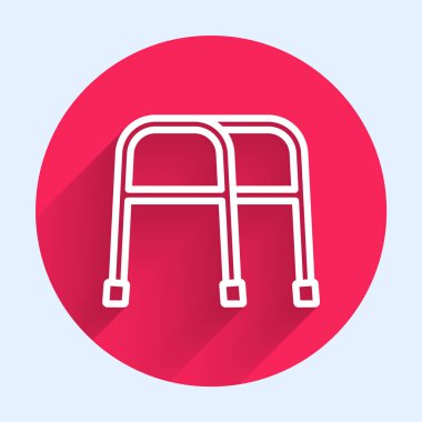 Beyaz çizgi Walker engelli kişi simgesi için uzun gölgeli izole edilmiş. Kırmızı daire düğmesi. Vektör.