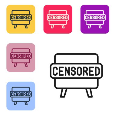 Siyah çizgi sansürlenmiş pul simgesi beyaz arkaplanda izole edildi. Renkli kare düğmelerle simgeleri ayarla. Vektör.