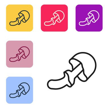 Siyah çizgi Psilocybin mantar ikonu beyaz arkaplanda izole edilmiş. Psikedelik halüsinasyon. Renkli kare düğmelerle simgeleri ayarla. Vektör.