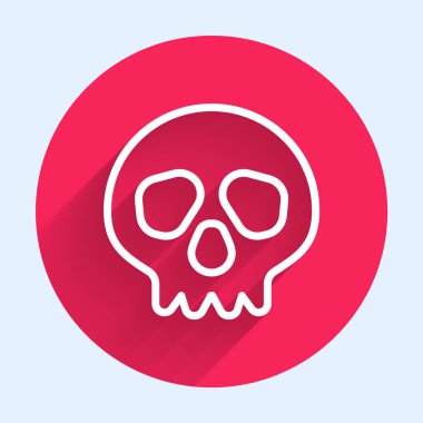 Beyaz Çizgili Kafatası simgesi uzun gölgeli izole edilmiş. Mutlu Cadılar Bayramı Partisi. Kırmızı daire düğmesi. Vektör.