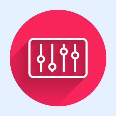 Beyaz çizgi Ses Karıştırıcı simgesi uzun gölgeli izole edilmiş. DJ ekipman kaydırma düğmeleri. Konsol karıştırılıyor. Kırmızı daire düğmesi. Vektör.