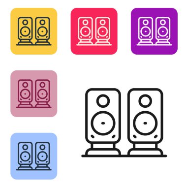 Siyah çizgi Stereo hoparlör simgesi beyaz arkaplanda izole edildi. Ses sistemi hoparlörleri. Müzik ikonu. Müzikal sütun hoparlörü. Renkli kare düğmelerle simgeleri ayarla. Vektör.
