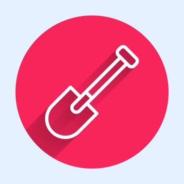 Beyaz çizgi kürek ikonu uzun gölgeli izole edilmiş. Bahçe aletleri. Bahçecilik, tarım, çiftçilik aleti. Kırmızı daire düğmesi. Vektör.