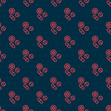 Kırmızı çizgi ilaç veya tablet ikonu siyah arkaplanda izole edilmiş kusursuz desen. Kapsül hapı ve uyuşturucu işareti. Eczane tasarımı. Vektör.