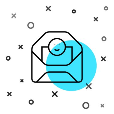 Beyaz arka planda Sevgililer Günü kalp ikonu olan siyah çizgi zarfı. Mesaj aşkım. Aşk ve romantizm mektubu. Rastgele dinamik şekiller. Vektör.