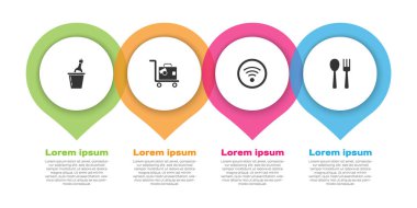 Şampanyayı buz kovasına koy, bavul, kablosuz ağ, çatal ve kaşığa. Ticari bilgi şablonu. Vektör
