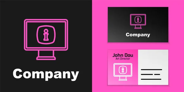Roze Lijn Monitor Met Informatie Pictogram Geïsoleerd Zwarte Achtergrond Logo — Stockvector