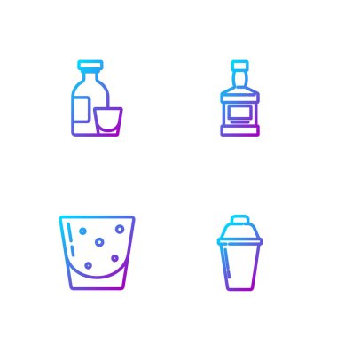 Sıra Cocktail Shake, bir bardak rom, Rom ve Viski şişesi. Renk simgeleri. Vektör.