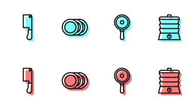 Hattı kurun, tava, et helikopteri, tabak ve yavaş pişirme ikonu. Vektör