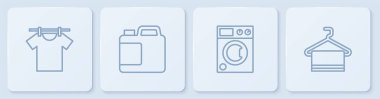 İpi kurulama, çamaşır makinesi, temizlik malzemesi için şişe ve havluyu askıya al. Beyaz kare düğme. Vektör