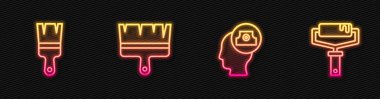 Hat spreyi kapağı, boya fırçasını ve silindiri sıkabilir. Parlayan neon ikonu. Vektör