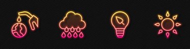 Ampulü yaprağıyla, gaz pompasını ve küreyi, bulutu yağmuru ve güneşi ayarlayın. Parlayan neon ikonu. Vektör