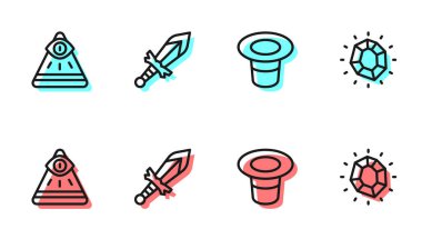 Sihirli şapka, masonlar, ortaçağ kılıcı ve taş ikonu. Vektör