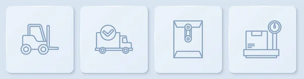 采购产品设置线叉车 交付与止回阀标记和刻度纸板箱 白色正方形按钮 — 图库矢量图片
