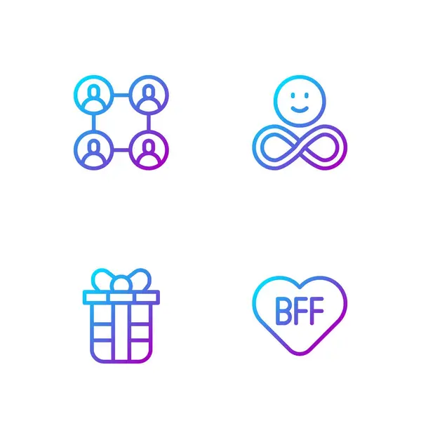 设置线Bff或永远最好的朋友 礼品盒 和朋友 明亮的色彩图标 — 图库矢量图片