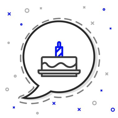 Beyaz arkaplanda yanan mum simgesine sahip Çizgi Keki. Doğum günün kutlu olsun. Renkli taslak konsepti. Vektör