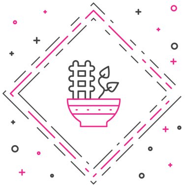 Çömlek simgesindeki Çizgi Tesisi beyaz arkaplanda izole edildi. Tencerede yetişen bir bitki. Saksı bitkisi işareti. Renkli taslak konsepti. Vektör