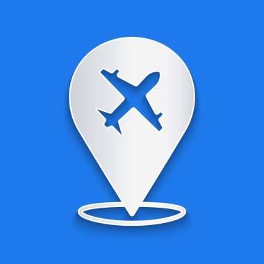 Kağıt kesiği uçak simgesi mavi arkaplanda izole edildi. Uçan uçak ikonu. Uçak tabelası. Kağıt sanatı tarzı. Vektör.