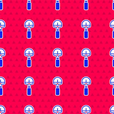 Mavi Kürek simgesi kırmızı arkaplanda izole edilmiş. Bahçe aletleri. Bahçecilik, tarım, çiftçilik aleti. Vektör.