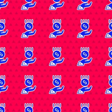 Elimizde mavi sikkeler var. Asgari ücret ikonu kırmızı zeminde izole edilmiş pürüzsüz desen. Vektör.