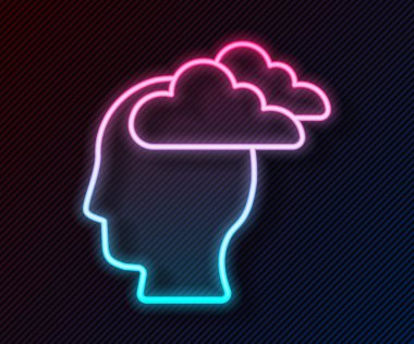 Parlayan neon hattı adamı baş ağrısı çekiyor, migren ikonu siyah arka planda izole edilmiş. Vektör.