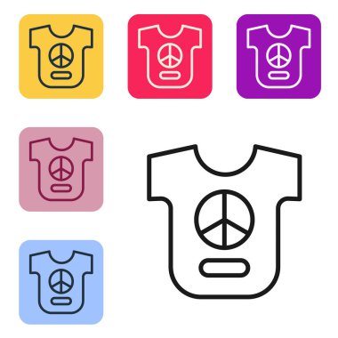 Siyah çizgi barış simgesi beyaz arkaplanda izole edildi. Hippi barış sembolü. Renkli kare düğmelerle simgeleri ayarla. Vektör.