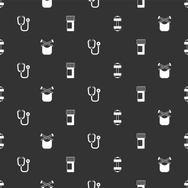 Dumbbell, örgü, steteskop, ilaç şişesi ve kusursuz desenli hapları hazırla. Vektör