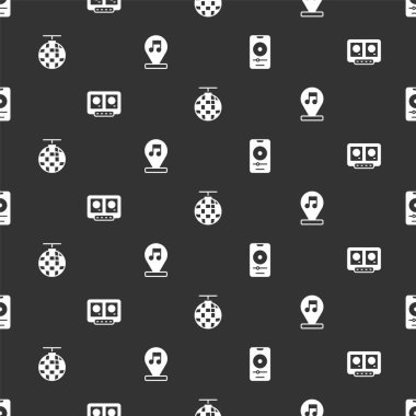 Set müzik çalar, DJ uzaktan kumandalı ve karışık müzik, disko topu ve nota, dikişsiz desen tonu. Vektör