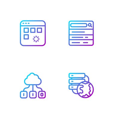 Hat Ağ Bulut bağlantısını, Bulut teknoloji veri transferini, Pencere ve Arama motoru yükleniyor. Renk simgeleri. Vektör