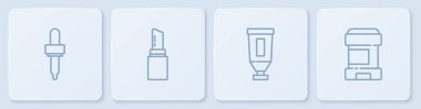 Pipette, Cream ya da losyon kozmetik tüpü, ruj ve terletici deodorant rulosunu ayarla. Beyaz kare düğme. Vektör