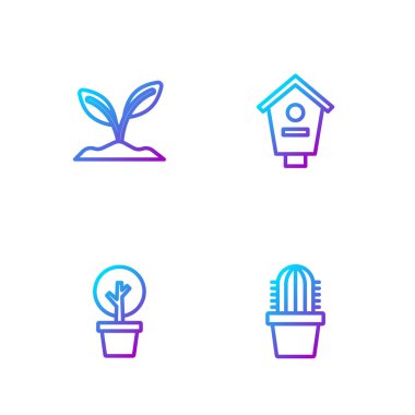 Cactus peyote in pot, Forest, Sprout and Bird House. Renk simgeleri. Vektör