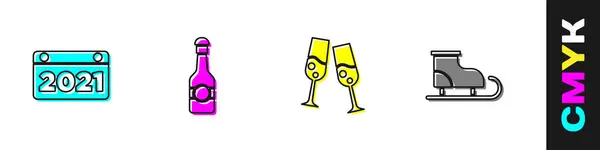 设定日历 香槟瓶 香槟杯和人物冰鞋图标 — 图库矢量图片