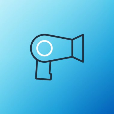 Mavi arkaplanda çizgi saç kurutma ikonu izole edildi. Saç kurutma makinesi tabelası. Saç kurutma sembolü. Sıcak hava üflüyor. Renkli taslak konsepti. Vektör