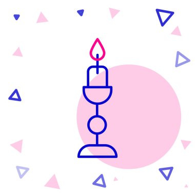 Beyaz arkaplanda izole edilmiş şamdan simgesinde çizgi yakma mumu. Eski moda yanan mum. Silindirik mum çubuğu ve yanan ateş. Renkli taslak konsepti. Vektör