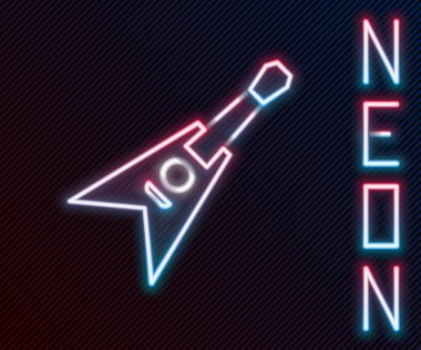 Parlayan neon hattı elektro gitar ikonu siyah arkaplanda izole edildi. Renkli taslak konsepti. Vektör