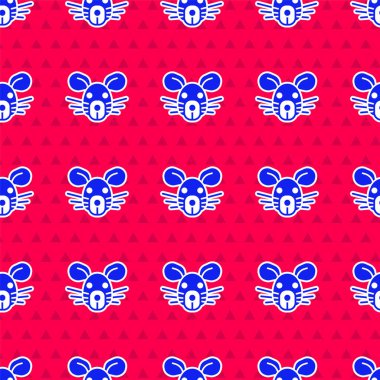 Mavi Fare kafası simgesi kırmızı zeminde izole edilmiş. Fare işareti. Hayvan sembolü. Vektör.