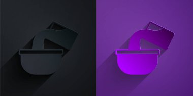 Kağıt kesiği Saucepan simgesi. Mor arkaplanda siyah üzerine izole edilmiş. Ot pişiriyorum. Haşlama ya da güveç besin sembolü. Kağıt sanatı tarzı. Vektör.