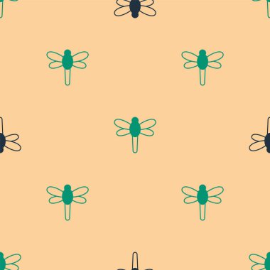 Yeşil ve siyah yusufçuk ikonu bej arka planda kusursuz desen izole etti. Vektör.