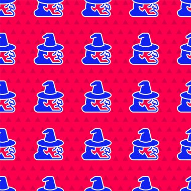 Mavi Cadı simgesi kırmızı arkaplanda izole edilmiş kusursuz desen. Mutlu Cadılar Bayramı Partisi. Vektör.