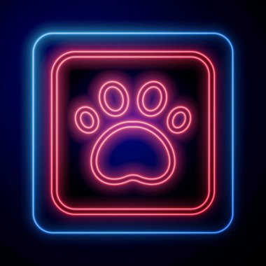 Parlayan neon renkli Paw yazdırma simgesi siyah arkaplanda izole edildi. Köpek ya da kedi pençesi izi. Hayvan izleri. Vektör.