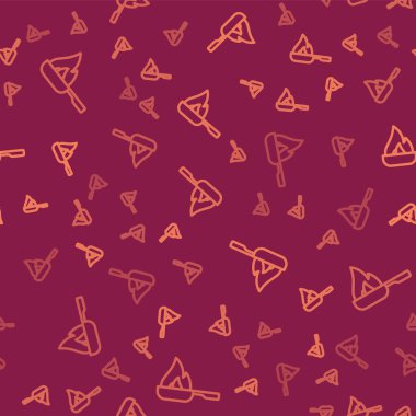 Kahverengi çizgi kızarmış tava simgesi kırmızı arkaplanda izole edilmiş. Kızartma veya kızartma gıda sembolü. Vektör.