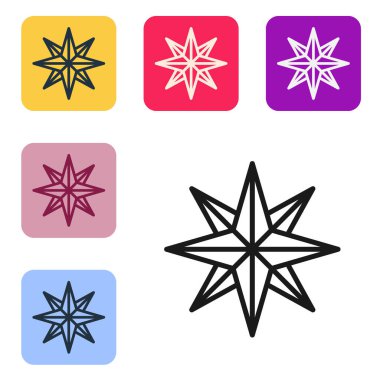 Beyaz zemin üzerinde siyah çizgi rüzgar gül ikonu izole. Seyahat için pusula simgesi. Navigasyon tasarımı. Renkli kare düğmelerle simgeleri ayarla. Vektör.