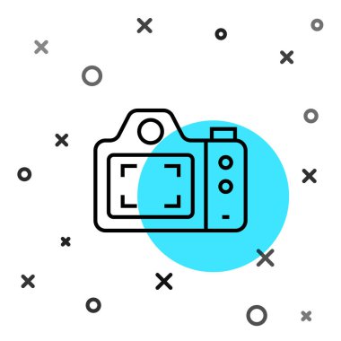 Siyah çizgi fotoğraf makinesi simgesi beyaz arkaplanda izole edildi. Foto kamera. Dijital fotoğrafçılık. Rastgele dinamik şekiller. Vektör.