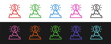 Siyah ve beyaz arkaplanda izole edilmiş bayrak ile çizgi dağları oluşturun. Zaferin ya da başarının sembolü. Gol başarısı. Vektör.