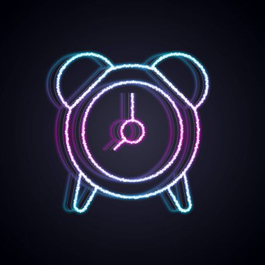 Parlayan neon hattı alarm saati simgesi siyah arkaplanda izole edildi. Uyan, kalk konsepti. Zaman işareti. Vektör.